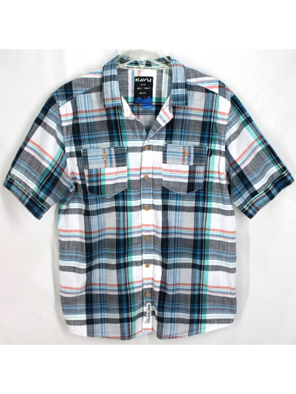 Kavu Plaid Shirt Mens Size L Blue White Short Sleeve Button Up Cotton Hiking